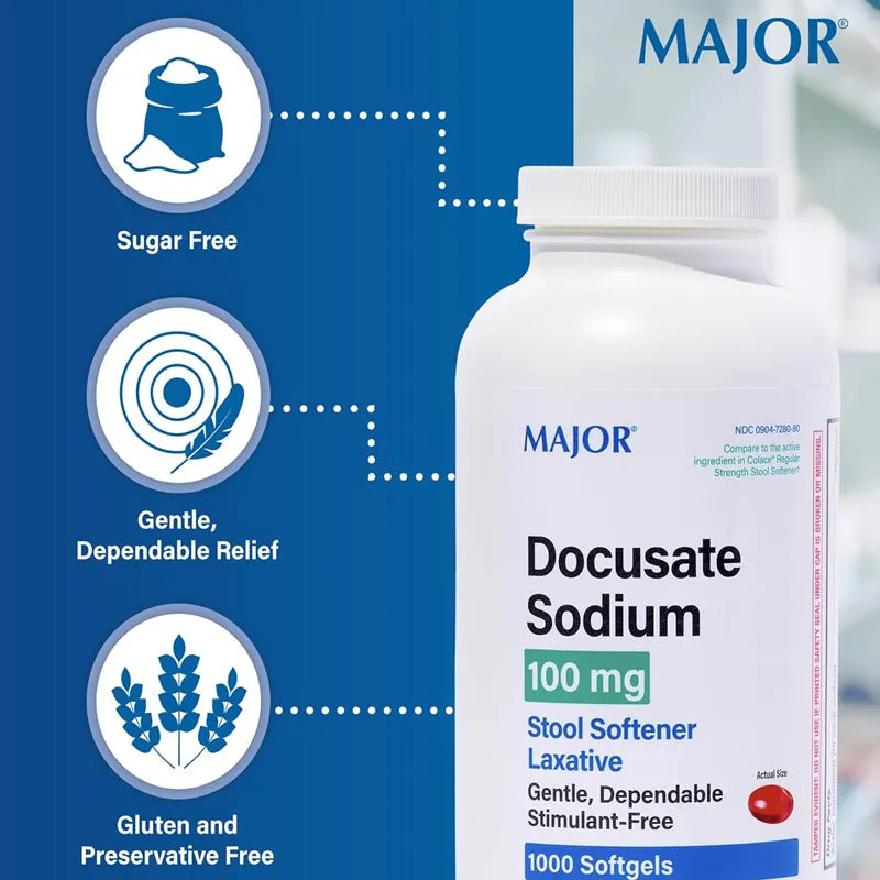 Docusate Sodium 100 mg Stool Softener Laxative Softgels 1000 Count (Bulk Bottle)